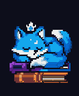 Pixel art fox sleeping on a stack of books